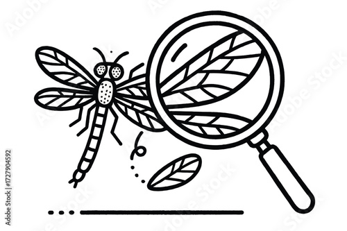 Dragonfly Close-Up Doodle. Hand-drawn doodle illustration Dragonfly Close-Up dragonfly, magnifying glass, wing detail, eye texture, segmented tail, leg lines,