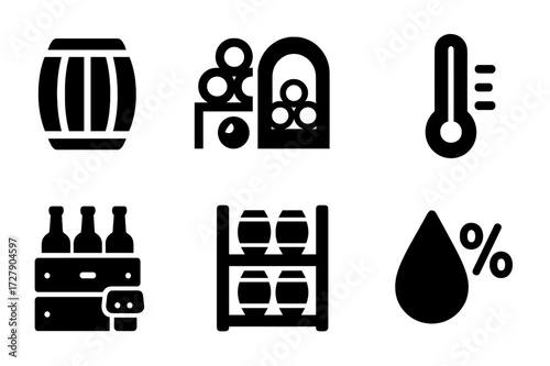 Whiskey Storage Icons. Solid, filled icon set of whiskey storage: wooden barrel, wine rack, cellar, temperature gauge, humidity sensor, bottle crate, cork