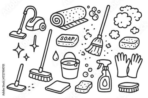 Seasonal Cleaning Tools. Hand-drawn doodle illustration Seasonal carpet cleaning vacuum cleaner, mop, rug, broom, bucket, brush, soap, sponge, bubbles, spray