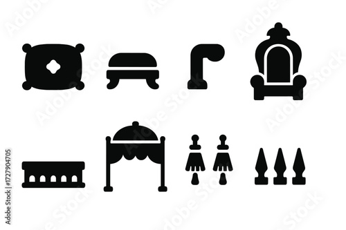 Throne Accessories Icons. Solid, filled icon set of throne accessories: royal cushion, footstool, armrest, throne backrest, throne base, throne canopy,
