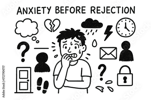 Anxiety Before Rejection. Hand-drawn doodle illustration Anxiety before rejection Person biting nails, thought bubble, broken heart, shadow, cloud, sweat drop,