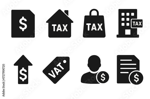 Tax Icons Grid. Solid, filled icon set of tax types: income tax, property tax, sales tax, corporate tax, capital gains tax, value-added tax (VAT), inheritance