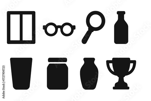 Glass Icon Set. Solid, filled icon set of glass objects: window pane, eyeglasses, magnifying glass, glass bottle, drinking glass, glass jar, glass vase, glass