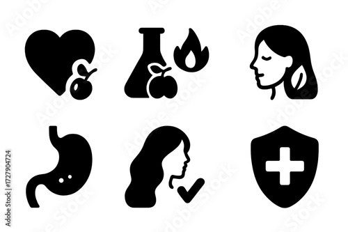 Olive Oil Benefits Icons. Solid, filled icon set of olive oil benefits: heart health, antioxidant, anti-inflammatory, skin nourishment, digestion aid, hair