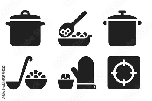 Chickpea Cooking Icons. Solid, filled icon set of chickpea cooking tools: cooking pot, spoon stirring chickpeas, pressure cooker, measuring cup, ladle, bowl of
