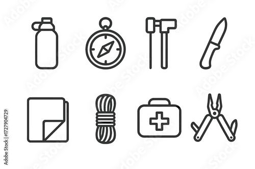 Survival Gear Icons. Outline icon set of survival equipment: water bottle, compass, fire starter, knife, emergency blanket, paracord, first aid kit,