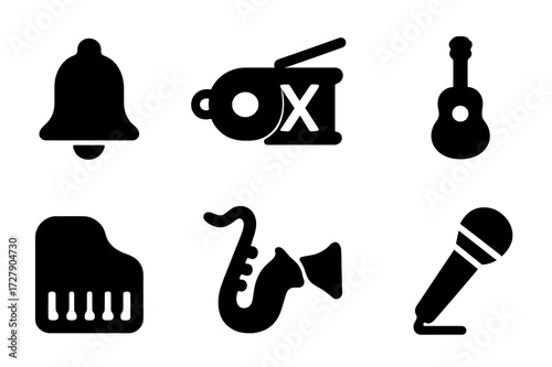 Black Sound Icons. Solid, filled icon set of sound sources: bell, whistle, drum, guitar, piano, saxophone, trumpet, vocal microphone. Solid, filled icons in