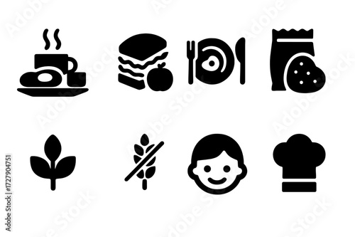 Food Menu Icons. Solid, filled icon set of food menu categories: breakfast, lunch, dinner, snacks, vegan, gluten-free, kids menu, chef?s special. Solid, filled