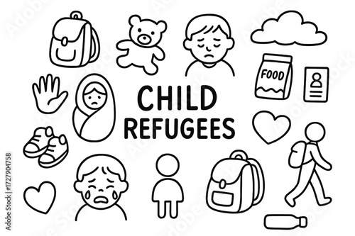Child Refugee Doodles. Hand-drawn doodle illustration [child refugees] [small backpack, teddy bear, hand, sad face, shoes, blanket, food packet, ID badge,