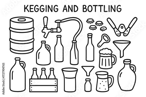 Kegging and Bottling Tools. Hand-drawn doodle illustration Kegging and bottling keg, tap, spigot, tube, bottle, cap, capper, opener, growler, mug, funnel, box,