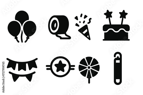 Party Icon Set. Solid, filled icon set of party decor: balloon bunch, streamer roll, confetti popper, cake topper, party banner, neon sign, paper fan, glow