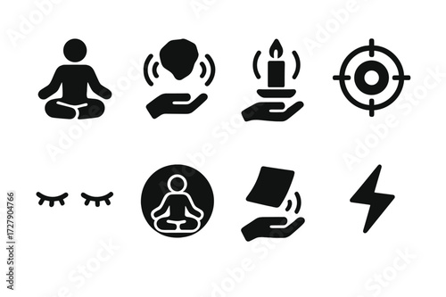 Telekinetic Icon Set. Solid, filled icon set of telekinetic training: meditating figure, rock levitation, candle hover, target object, closed eyes, aura