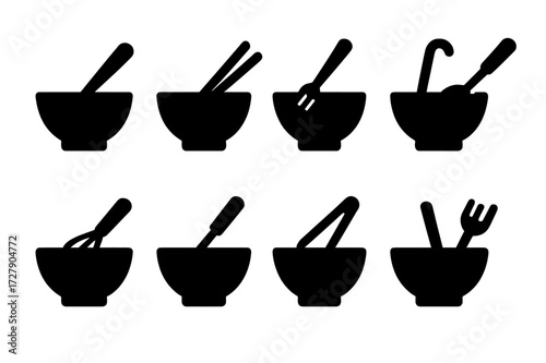 Bowl and Utensils Icons. Solid, filled icon set of bowl with utensils: bowl with spoon, bowl with chopsticks, bowl with fork, bowl with ladle, bowl with whisk,