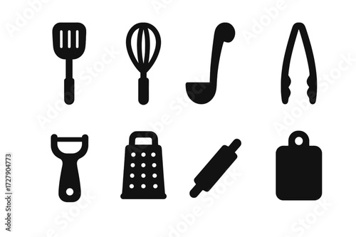 Kitchen Utensil Icons. Solid, filled icon set of kitchen utensils: spatula, whisk, ladle, tongs, peeler, grater, rolling pin, cutting board. [Line icons in