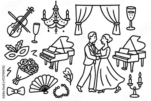 High Society Doodles. Hand-drawn doodle illustration high society events ballroom, chandelier, violin, champagne flute, couple dancing, piano, curtain, rose