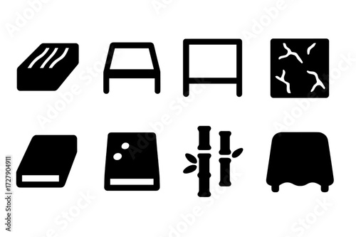 Table Material Icons. Solid, filled icon set of table materials: wood plank, glass top, metal frame, marble surface, plastic top, stone slab, bamboo, fabric