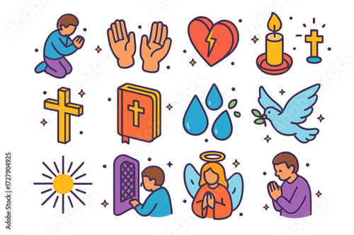 Isometric Repentance Icons. Repentance. Colorful isometric vector icons set of Repentance: person kneeling, open hands, broken heart, candle, cross, Bible,