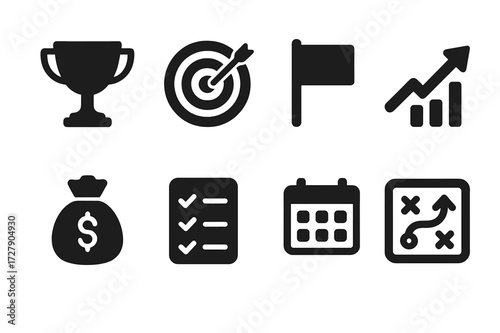 Net Worth Icons. Solid, filled icon set of net worth goals: trophy, target, flag, growth arrow, money bag, checklist, calendar, strategy plan. [Solid, filled