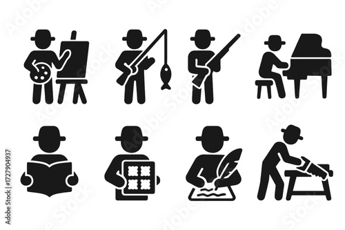 Gentleman Hobby Icons. Solid, filled icon set of gentleman hobbies: painting, fishing, hunting, playing piano, reading books, collecting stamps, writing