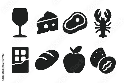 Wine and Food Icons. Solid, filled icon set of wine and food pairing: wine glass, cheese, steak, seafood, chocolate, bread, fruit, nuts. Solid, filled icons in