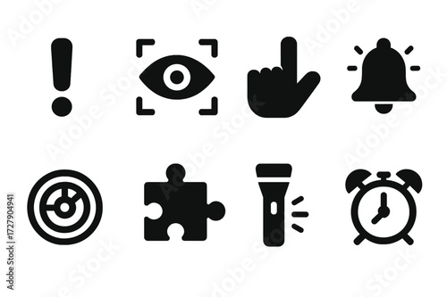 Attention Icon Grid. Solid, filled icon set of attention indicators: exclamation mark, eye with focus lines, hand pointing, alert bell, radar screen, puzzle