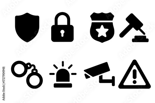 Policy Enforcement Icons. Solid, filled icon set of policy enforcement: shield, lock, police badge, gavel, handcuffs, alarm, security camera, warning triangle.