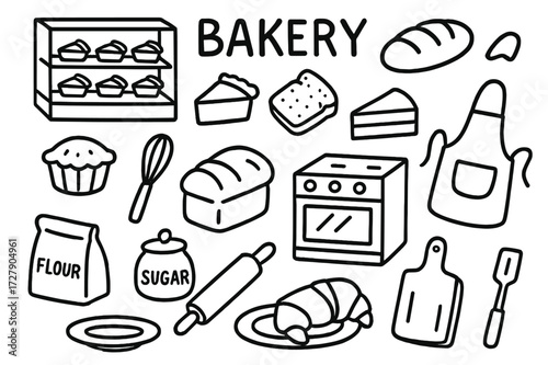 Bakery Doodle Icons. Hand-drawn doodle illustration bakery with pie slices pie display case, pie slice, loaf of bread, croissant, cake slice, muffin, whisk,