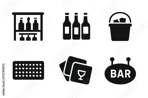 Cocktail Bar Icons. Solid, filled icon set of cocktail bar setup: bar shelf, liquor bottles, hanging glasses, ice bucket, bar mat, tip jar, drink coasters, bar