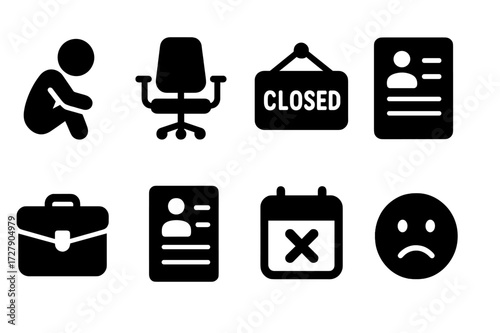Unemployment Icon Set. Solid, filled icon set of unemployment: jobless person, empty office chair, closed sign, resume, briefcase, job application, calendar