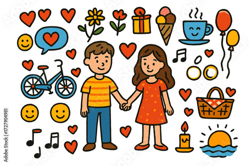Romantic Date Icons. Dating stage. Colorful Hand-drawn doodle Children illustration Couple holding hands, hearts, flowers, gifts, ice cream, coffee cups,