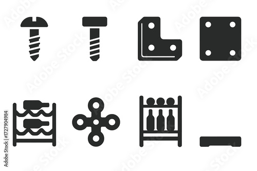 Wine Rack Icons. Solid, filled icon set of wine rack assembly: screws, bolts, brackets, panels, shelves, connectors, frame, base. Solid, filled icons in only