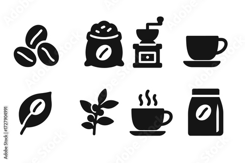 Coffee Icon Set. Solid, filled icon set of coffee beans: roasted coffee beans, coffee bean sack, coffee grinder, espresso cup, coffee leaf, coffee plant