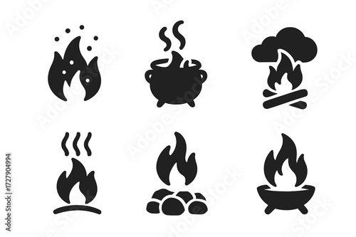 Cauldron Fire Icons. Solid, filled icon set of cauldron fire: flames, sparks, burning logs, smoke tendrils, heat waves, ash cloud, ember glow, fire pit. [Line