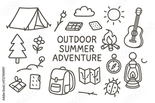 Summer Camping Doodle. Hand-drawn doodle illustration Outdoor summer adventure [tent, campfire, marshmallow stick, chocolate bar, cracker, backpack, tree,