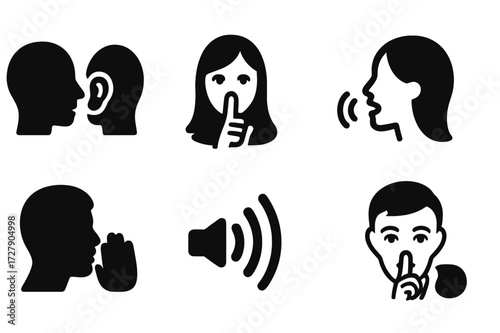 Whisper Icon Set. Solid, filled icon set of whisper expressions: face close to ear, finger on lips, whispering mouth, side profile whisper, cupped hand to