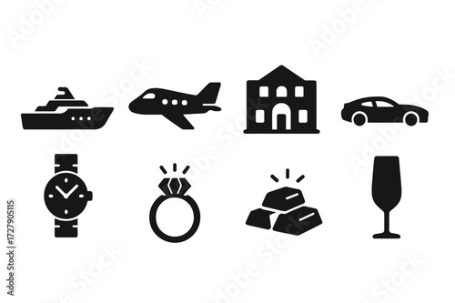 Luxury Icons Grid. Solid, filled icon set of magnate lifestyle: luxury yacht, private jet, mansion, sports car, designer watch, diamond ring, gold bars,