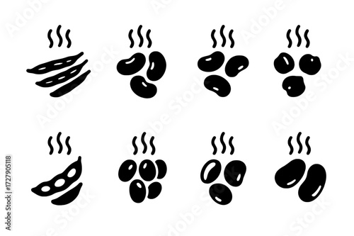 Steamed Beans Icons. Solid, filled icon set of steamed beans types: green beans, kidney beans, black beans, chickpeas, pinto beans, navy beans, edamame, lima