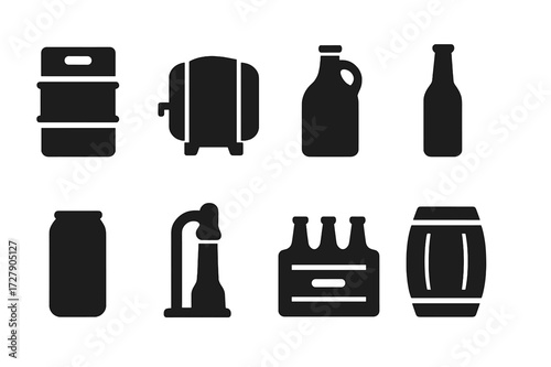 Beer Packaging Icons. Solid, filled icon set of draft beer packaging: keg, cask, growler, bottle, can, tap tower, beer crate, barrel. Solid, filled icons in