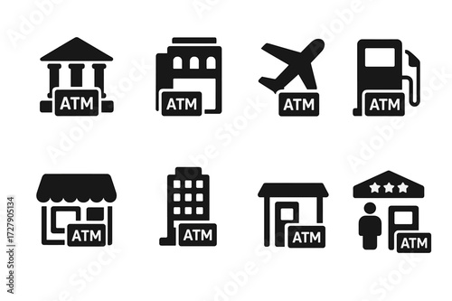 ATM Location Icons. Solid, filled icon set of ATM locations: bank branch, shopping mall, airport, gas station, convenience store, office building, street