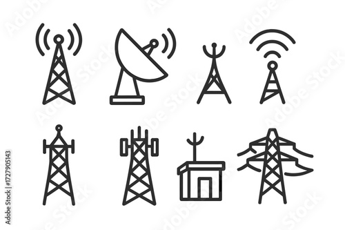 Signal Tower Icons. Outline icon set of communication tower: radio tower, satellite dish, antenna mast, signal waves, microwave tower, cell tower, repeater