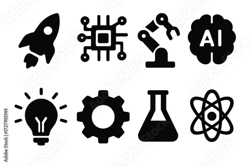 Innovation Icons Grid. Solid, filled icon set of innovation solutions: rocket, circuit board, robot arm, AI brain, light bulb spark, gear cog, laboratory