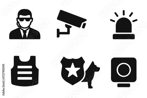Magnate Security Icons. Solid, filled icon set of magnate security: bodyguard, surveillance camera, safe, alarm system, bulletproof vest, security badge, guard
