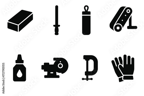 Sword Sharpening Icons. Solid, filled icon set of sword sharpening tools: whetstone, honing rod, leather strop, sharpening belt, oil, grinder, clamp, gloves.