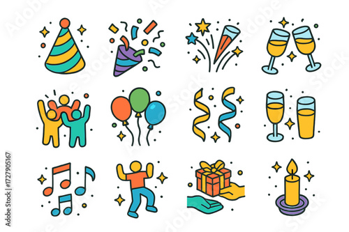 Isometric Celebration Icons. Celebrations. Colorful isometric vector icons set of Celebrations: party hat, confetti, fireworks, clinking glasses, cheering