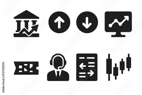 Equity Trading Icons. Solid, filled icon set of equity trading: stock exchange, buy order, sell order, trading screen, ticker tape, broker, order book,