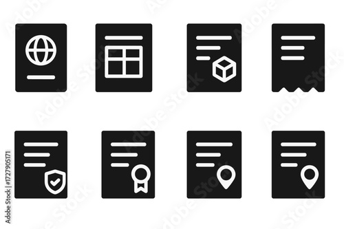 International Mail Icons. Solid, filled icon set of international mail documents: passport, customs form, shipping invoice, declaration paper, receipt, bill of