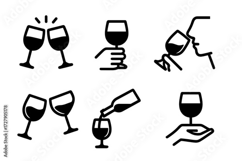 Wine Glass Gestures. Solid, filled icon set of wine glass gestures: cheers, toast, sipping, swirling, clinking, pouring, holding, resting. Line icons in only