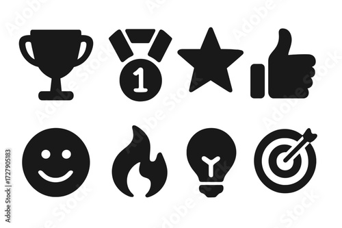 Motivation Icon Set. Solid, filled icon set of recovery motivation: trophy, medal, star, thumbs up, smiley face, fire, light bulb, target. Solid, filled icons