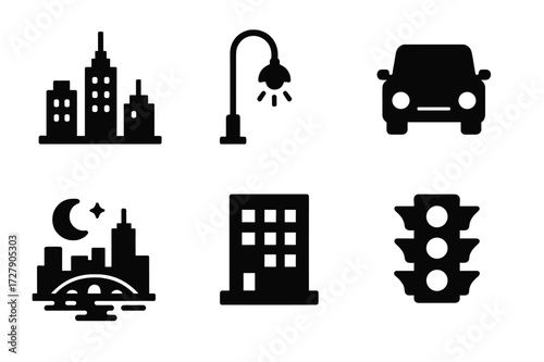 Night City Icon Set. Solid, filled icon set of night cityscape elements: skyscraper silhouettes, street light, moon over city, parked car with headlights,