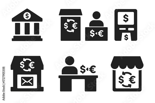 Currency Exchange Icons. Solid, filled icon set of currency exchange places: bank, exchange kiosk, online exchange, ATM, forex bureau, money changer, post